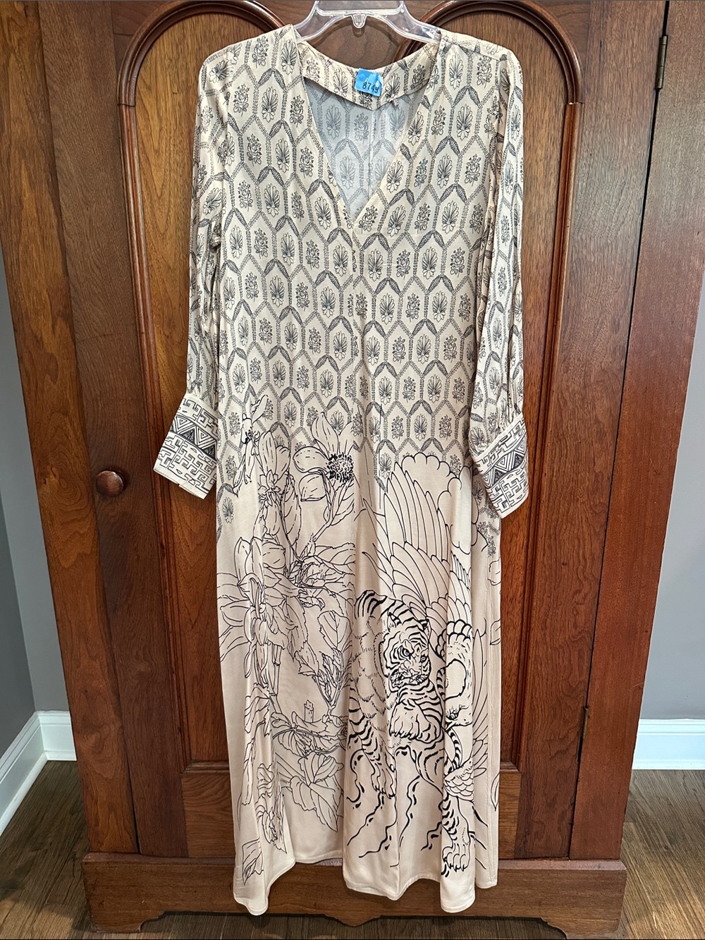 Me369 Ivory & Black Tiger Maxi Dress with V-Neck